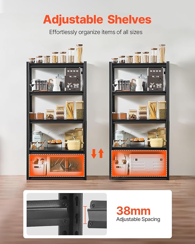 VEVOR Storage Shelves, 2000 lbs, 5 Tier Garage Storage Shelving, 16" D x 32" W x 63" H Adjustable Metal Shelves for Garage Shelves Utility Rack Shelf, Ideal for Kitchen, Warehouse, Basement, Black