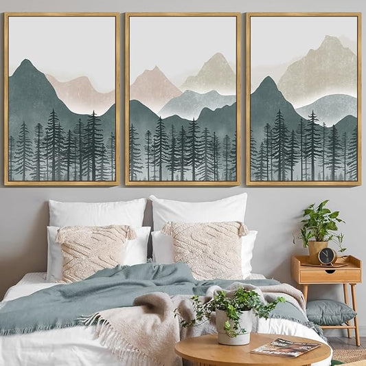 KUVIOKE Mountain Landscape Framed Wall Art Boho Nature Forest Paints Rustic Farmhouse Decor for Bedroom Dining Room Living Room 24x36in (Natural Framed)
