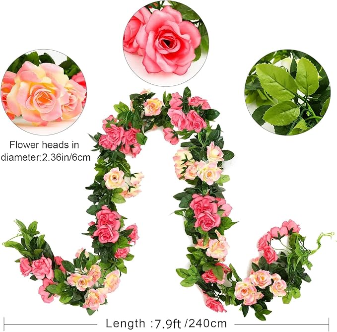 JUSTOYOU Artificial Rose Garland Vines Pink Flowers Hanging Silk Rose Vine for Wedding Home Office Arch Arrangement Decoration 7.6FT(2PCS)