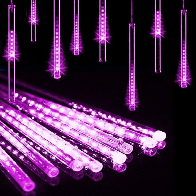 Aukora Purple Outdoor Halloween Lights, UL Plug, 11.8 inch, 8 Tubes, 192 LEDs, Meteor Shower & RainDrop Light, Series-connectable Christmas String Light Outside for Xmas, Tree, Thanksgiving Decoration