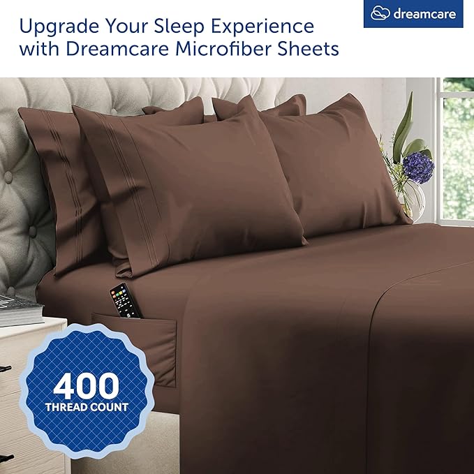 DREAMCARE Queen Sheet Set – 6 pcs Cooling Bed Sheets – up to 21” Deep Pocket Queen Sheets Set – 2500 Supreme Collection – Extra Soft 100% Brushed Microfiber Hotel Luxury with Side Pocket – Mocha Brown