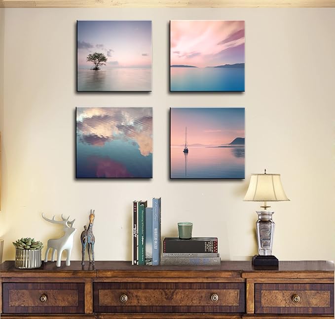 dgbtcart Romantic Sunset Beach Canvas Wall Art - Ocean Pictures Prints Colorful Seascape Painting Artwork for Bedroon Living Room, Bathroom - Office Kitchen Wall Decor 16"x 16" x 4 Panels
