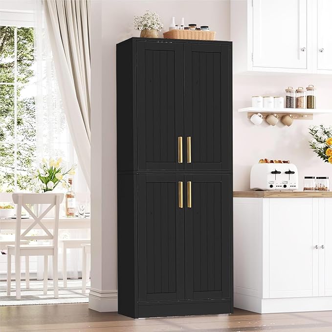 Kitchen Pantry Cabinet, Tall Storage Cabinet with Adjustable Shelves and 4 Doors, Farmhouse Freestanding Cupboard Hutch for Dining Room Living Room, Laundry, Black