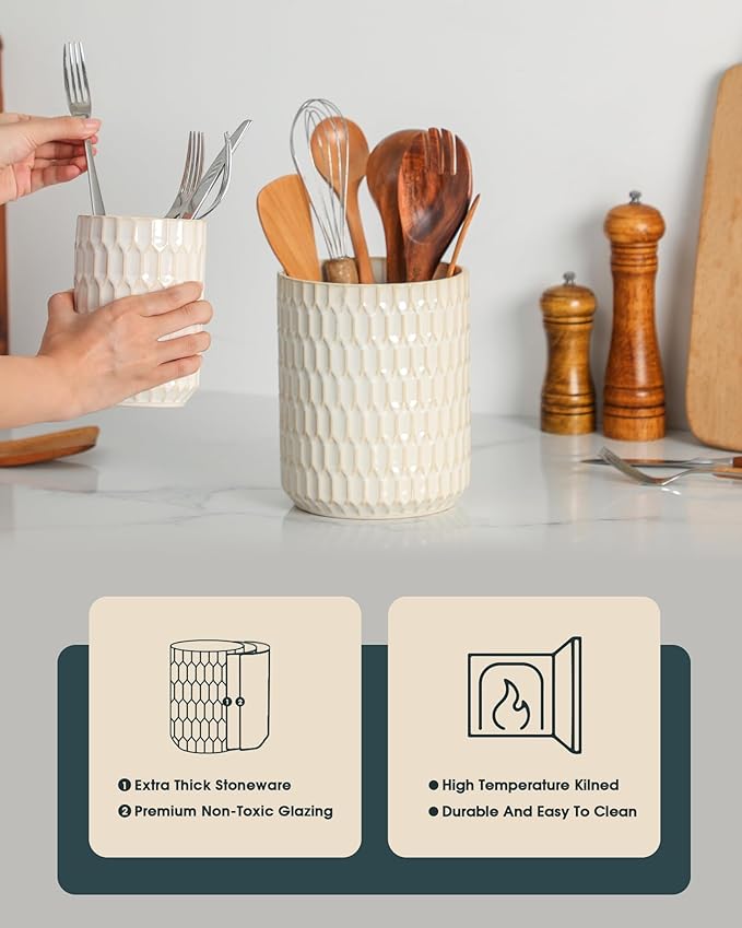 Utensil Holder, 7.3"+5.4" Ceramic Kitchen Utensil Holder for Countertop, Large Cooking Utensil Crock for Kitchen Counter, Set of 2, Beige