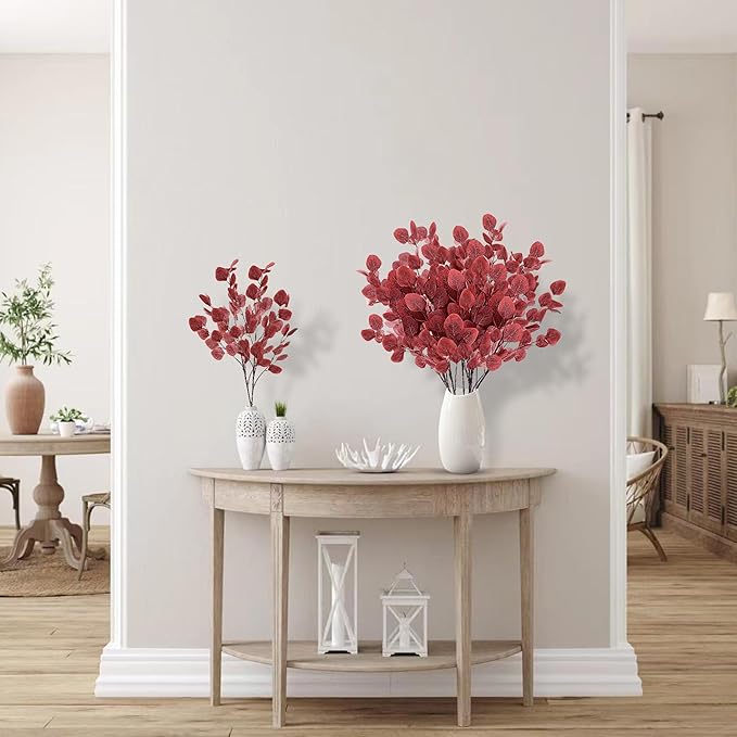 Sggvecsy Artificial Eucalyptus Leaves, 6 Pieces, 35.43 Inch Long, Red Color, Plastic and Silk Material, Easy to Bend and Adjust