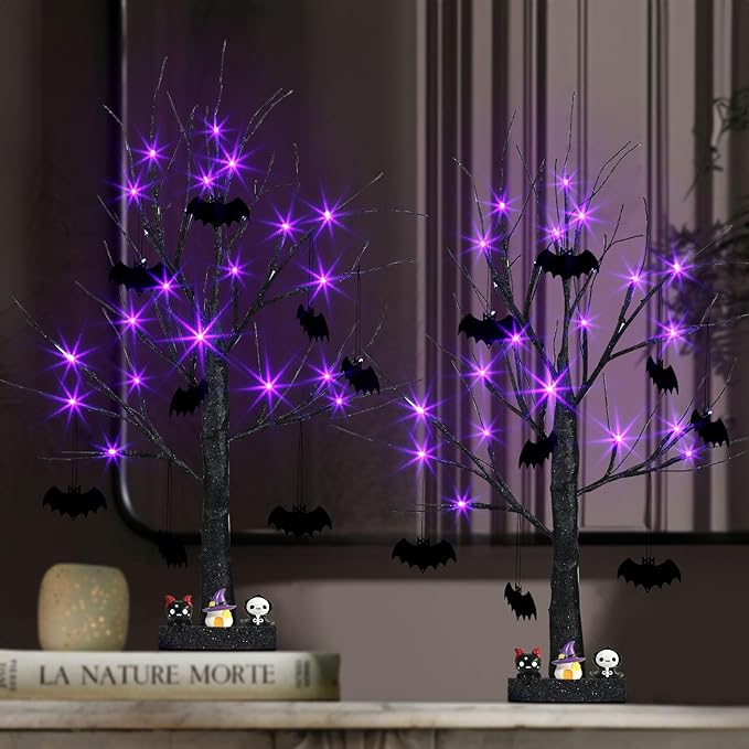 PEIDUO Halloween Decorations, 2FT Black Halloween Tree with 24 Purple Lights and 8 Bat Ornaments, Light up Halloween Decorations with Timer for Indoor Home Desk Table Decor (2PK)