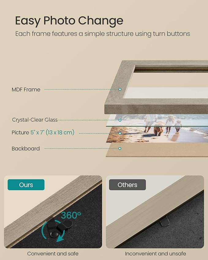 SONGMICS Picture Frames, Collage Picture Frames Set of 10, Two 8x10, Four 5x7, Four 4x6, Photo Frame for Wall Gallery Decor, Table Display, Glass, Maroon Brown, Heather Greige, Ash Black URPF010K03