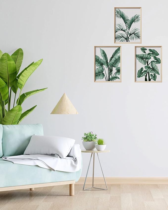 UPWOIGH Framed Wall Art(No Plexiglass), Abstract Green Palm and Eucalyptus Leafs Canvas Wall Art, High-end 16x12in Wood Wall Decor Prints Artworks for Living Room Bedroom, Plant Neutral Wall Decor Set
