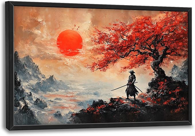Flintis Large Samurai Framed Wall Art Japan Warrior Pictures Wall Decor Abstract Japanese Art Canvas Painting Print Artworks Decor Framed for Living Room Bathroom Master Bedroom Office 36L X 24W