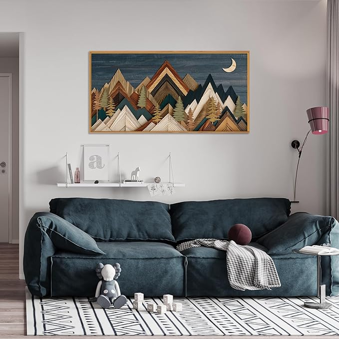 HPINUB Mountain Style Framed Canvas Wall Art Set,Vintage Pine Tree Wall Decor, Nature Country Wilderness Forest Artwork,Modern Navy Blue Art Prints for Living Room,Bedroom,Farmhouse- 20"x40"