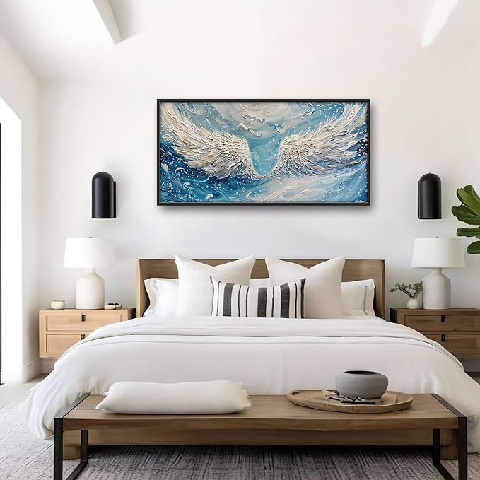 Angel Wings Large Wall Art for Living Room Framed, Christian Wall Decor Pictures, White Wings Canvas Print Painting, Aesthetic Artwork Bedroom Office Home Decor 60"x30"