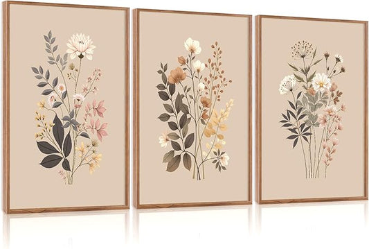 CHDITB Botanical Flower Framed Canvas Wall Art Set, Nature Wildflower Wall Decor, Boho Floral Art Antique Wall Painting, Vintage Dining Room Art Prints for Living Room, Bedroom, Office 24"x36"x3