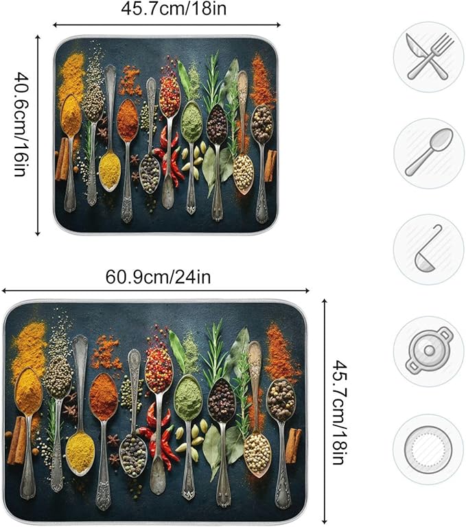 Cooking Herbs Spices Dish Drying Mat for Kitchen 16 X 18 Inches Dry Dishes Pads Mats Tableware Protector Countertops Counter Mat Home Decorations