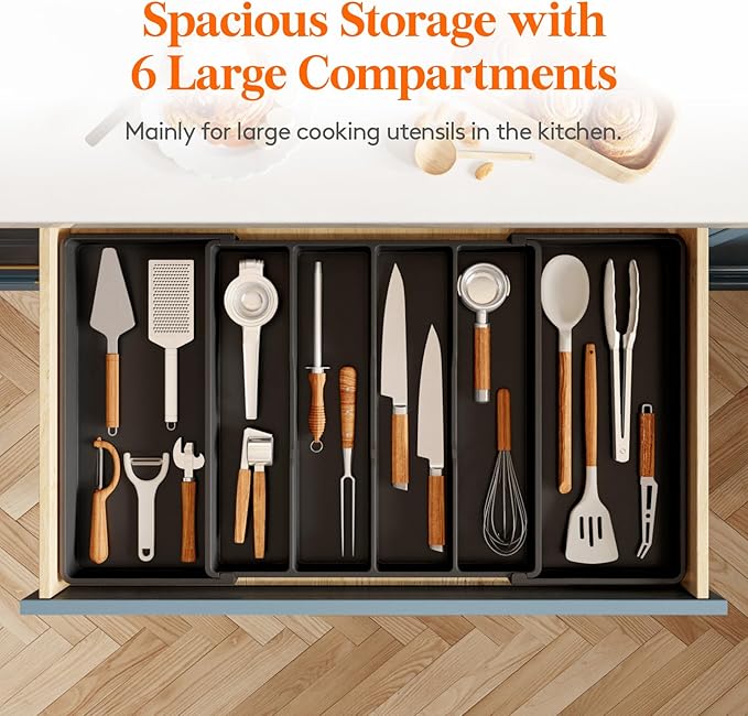 Lifewit Utensil Kitchen Drawer Organizer, Expandable from 18 to 30 inches, Plastic Cooking Cutlery Silverware Tray, Adjustable Spatula Holder, Flatware Tools Gadgets Storage Divider, XXL,Black