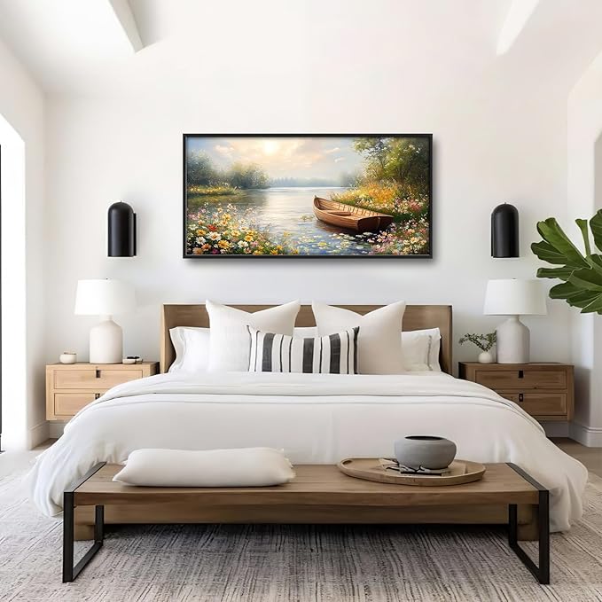 Framed Large Wall Art for Living Room, Lake Boat Canvas Wall Decor, Flower Pictures Painting, Natural Landscape Artwork for Living Room Bedroom Office 60L'' × 30W''