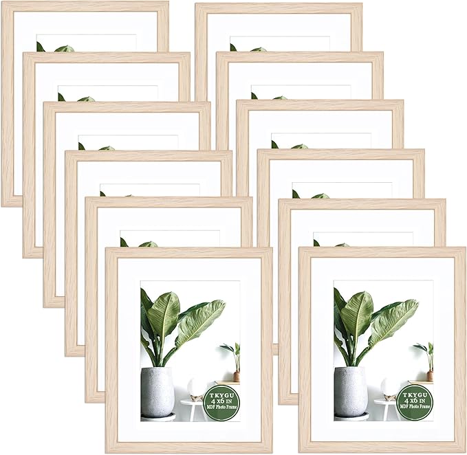 Picture Frame 4x6 with mat to 3.5x5 MDF Wood photo Frame Set of 12 - Natural Textured Exclusive Frames with HD Glass Tabletop and Wall Mounting Horizontal or Vertical Display Photo Frame for