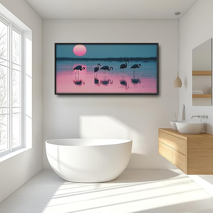 Olivine Flamingo Wall Art, Sunset Pictures Wall Decor, Beach Painting, Tropical Animal Canvas Prints, Framed Artwork for Bathroom Bedroom Living Room Office Home Decoration 60"x30"