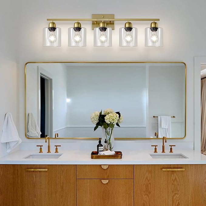 5 Light Brushed Gold Bathroom Light Fixtures, Gold Bathroom Light with Clear Glass, 30 inch Wall Sconce for Mirror Living Room Bedroom Hallway E26 Base