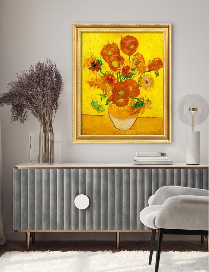 DECORARTS - Vincent van Gogh's Sunflowers. Giclee Canvas Print on Acid-Free Cotton, Ornate Gold Wood Frame with Classic Carved Details, 34.75 x 28.75 in, Ready to Hang, Made in USA