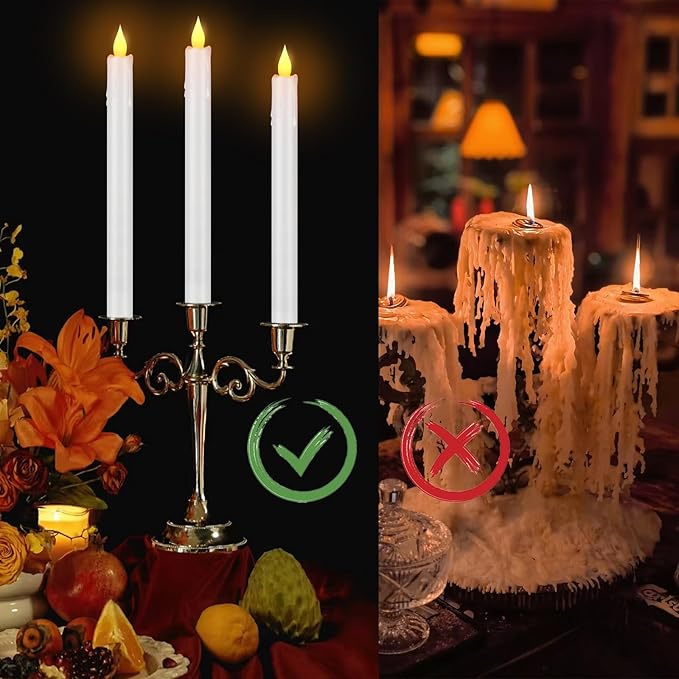 Flameless Taper Candles 10.6" Dripless Battery Operated Taper Candles Included Remote Timer 400+ Hours by 2AA Batteries for Halloween Christmas Wedding (White, 12 Pack)