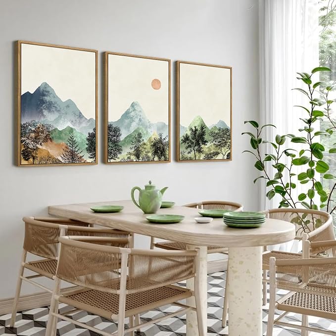 ANHUIB Mountain Wall Art 16x24 Inch Watercolor Landscape Wall Decor Sun Forest Painting Minimalist Pine Tree Artprint Nature Illustration Set of 3 for Living Room Dining Room Office