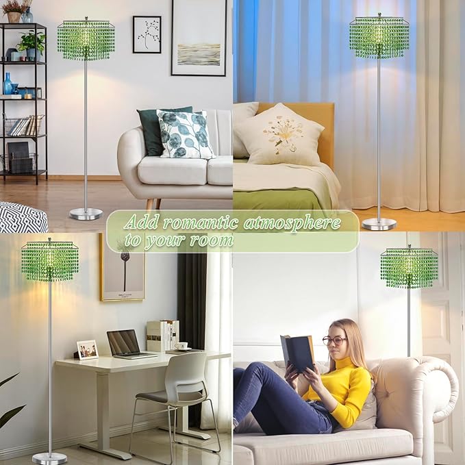 Crystal Floor Lamp, 64" Tall Elegant Standing Lamp with On-Off Foot Switch, Silver Lamp with Green Double-Layer Crystal Lampshade , Standing Lamps for Bedroom, Living Room, Office, 8W Bulb Included