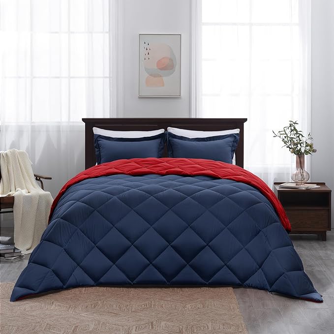 Basic Beyond King Size Navy and Red Comforter Set - Reversible King Bed Comforter Set for All Seasons, 104"x92", 2 Pillow Shams (20"x36"+2")