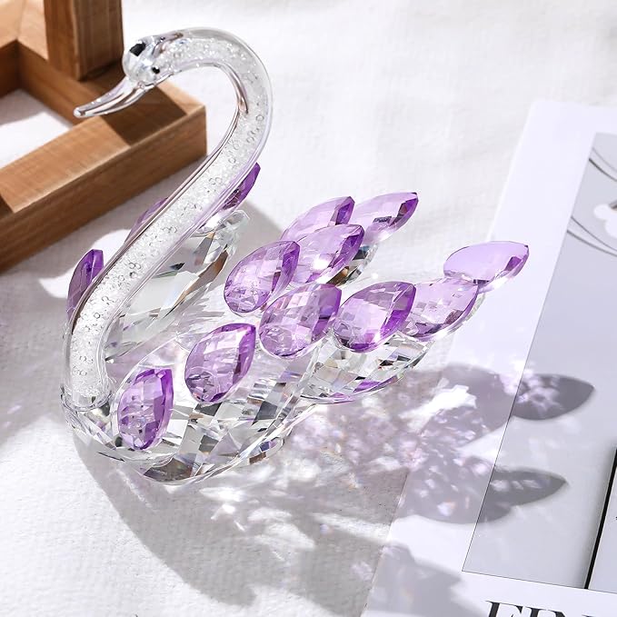 Set of 2 Crystal Purple Swans Figurines, Anniversary Wedding Gifts for Women, Mom, Couple, Glass Swan Collectibles Birthday Presents Keepsake for Parents Home Decor, 6.5in Gift Boxed
