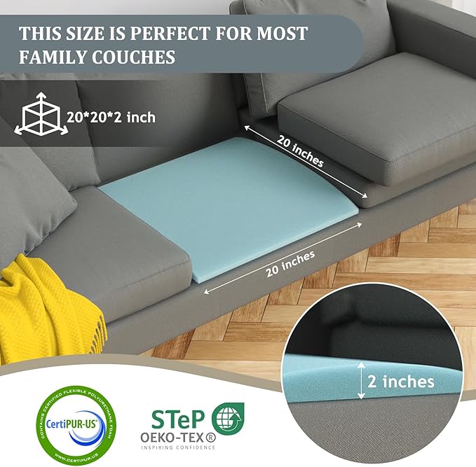 Couch Cushion Support to Fix Sagging Sofas - 20''x20'' Under Cushion Supports for Saggy Seat High Density Curved 40D Foam, Blue 1 Pack