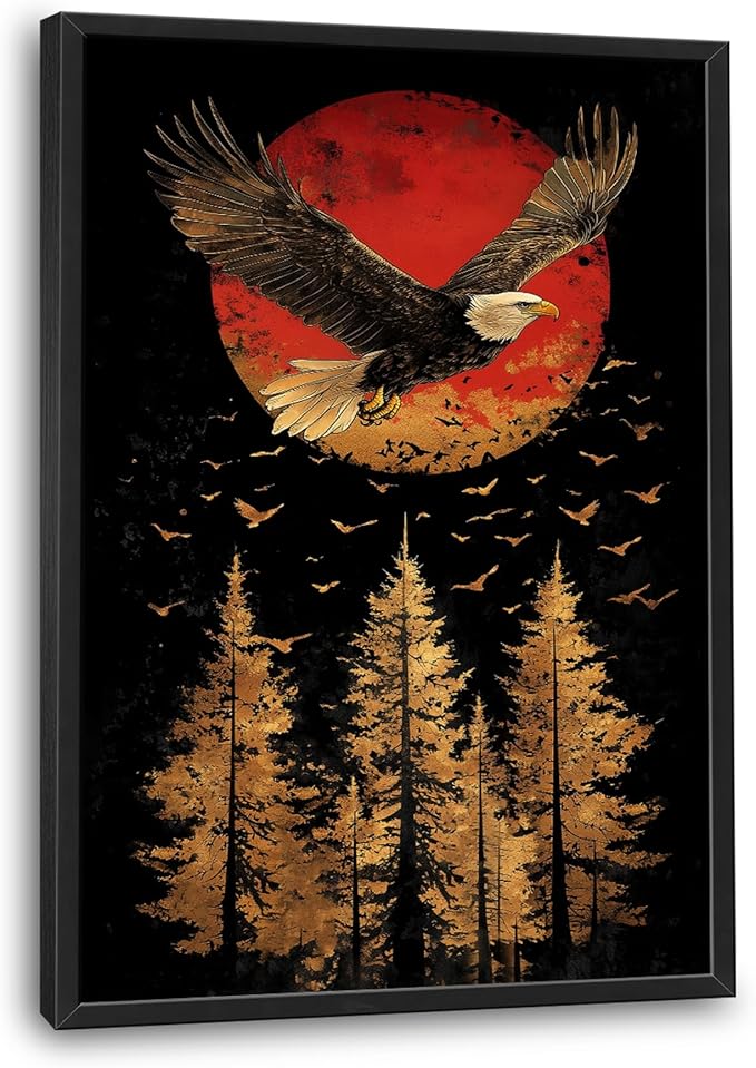 Lovira Bald Eagle Large Wall Art Eagle Japanese Sun Forest Canvas Wall Decor Pictures Prints Painting Framed Modern Vertical Artwork for Living Room Bedroom Bathroom Office 24"x36"
