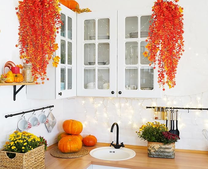 SJL Artificial Hanging Plants Pack of 4 Fall Faux Hanging Plants Artificial Decor Faux Eucalyptus Leaf Fake Autumn Plant Plastic Greenery Plant Flowers for Kitchen Bathroom Thanksgiving Decor(Gold)