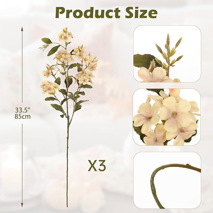 Briful Fall Artificial Hydrangea Flower Stems, 33.5" Silk Blossom Sprays with Bendable Stems, Set of 3 Faux Floral Branches for Tall Vase Arrangements, Cream White