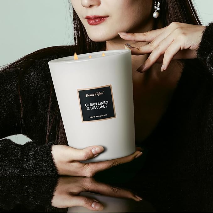 HomeLights Scented Candles - Large Jar Aromatherapy, Natural Soy Wax, 130 Hour Long Burning, Clean Linen & Sea Salt