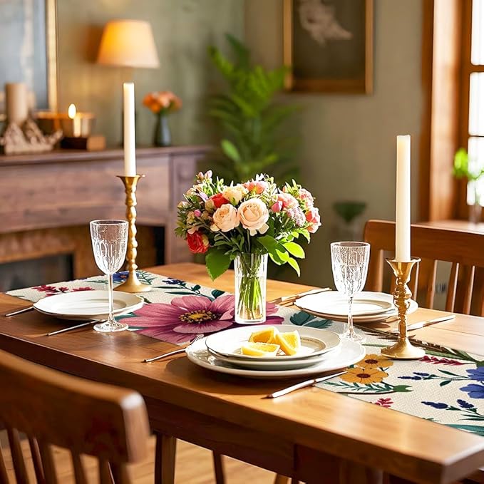 ANNA QUEEN Flowers Table Runner 13 x 72 Inch for Dining Table, Table Runner for Fall Dining Decor Indoor Outdoor Party Home Table Decoration