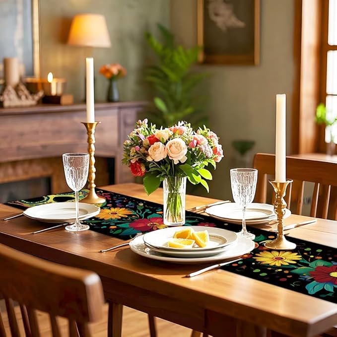 ANNA QUEEN Flowers Table Runner 13 x 72 Inch for Dining Table, Table Runner for Spring & Holiday Dining Decor Indoor Outdoor Party Home Table Decoration (Skull)