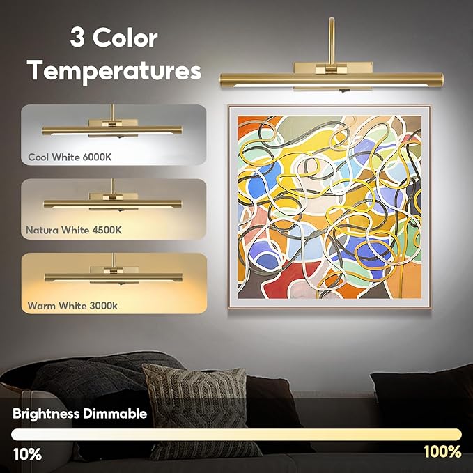 24" Picture Lights for Wall Battery Operated with Remote and Timer, Wireless Art Lights for Paintings, Rechargeable Wall Sconce, Dimmable Lighting for Canvas, Gallery Artwork, Portraits, Gold