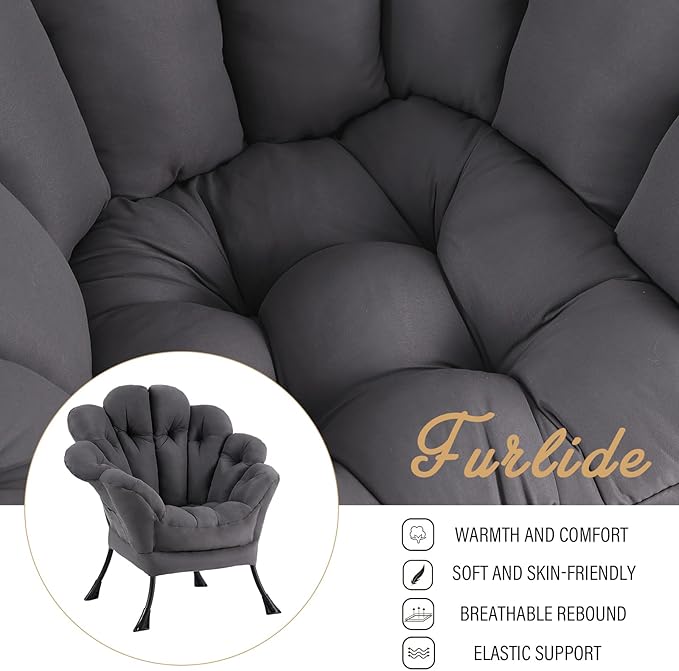 Lazy Chair, Modern Floral Reading Chair with Folding Footrest, Lounge Accent Chair, Comfortable Oversized Armchairs for Bedroom, Living Room, Courtyard, Dark Grey