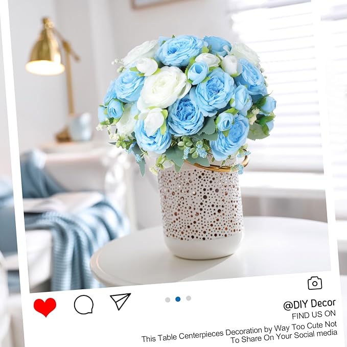 Geosar 8 Bundles Artificial Peonies Flowers Fake Silk Peony Bouquet Faux Peonies Flowers Bulk for Decoration Vase Florals Arrangements Wedding Party Table (Blue,White)