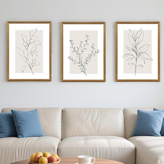 WRFON Neutral Botanical Canvas Wall Art, Minimalist Black Line Flower Poster Prints, Boho Beige Floral Wall Decor, Abstract Plant Leaf Aesthetic Picture for Bedroom Living Room Wood Framed 12"x16"x3