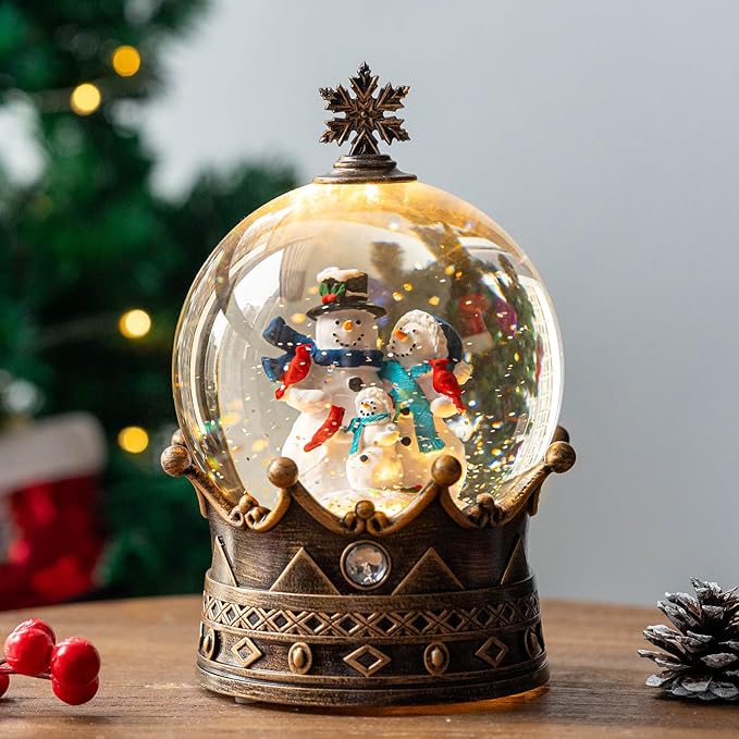 Snow Globe Lighted Christmas Decorations, Snowman Family Musical Crown Snow Globe Lantern with Swirling Glitter, Christmas Holiday Party Gifts and Decorations
