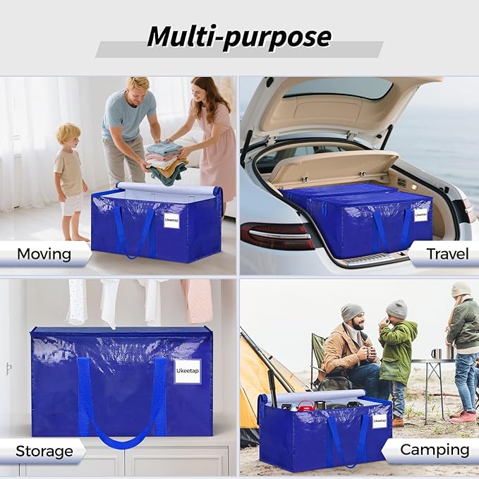 8 Pack Extra Large Heavy Duty Moving Bags, Blue Storage Bins with Lids, Reinforced Handles & Heavy-Duty Zippers Moving Boxes Storage Bags Totes for Clothes Packing, Dorms, College Supplies, Blue