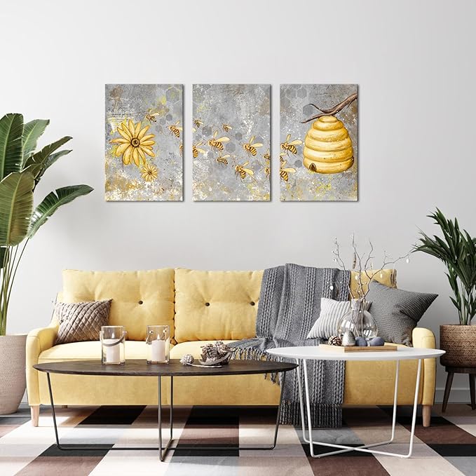 FuShvre Yellow and Grey Canvas Wall Art Honey Bee with Daisy Painting Prints Insect Pictures for Farmhouse Kitchen Decor Framed Ready to Hang 16"x24" Each (Medium, Grey)
