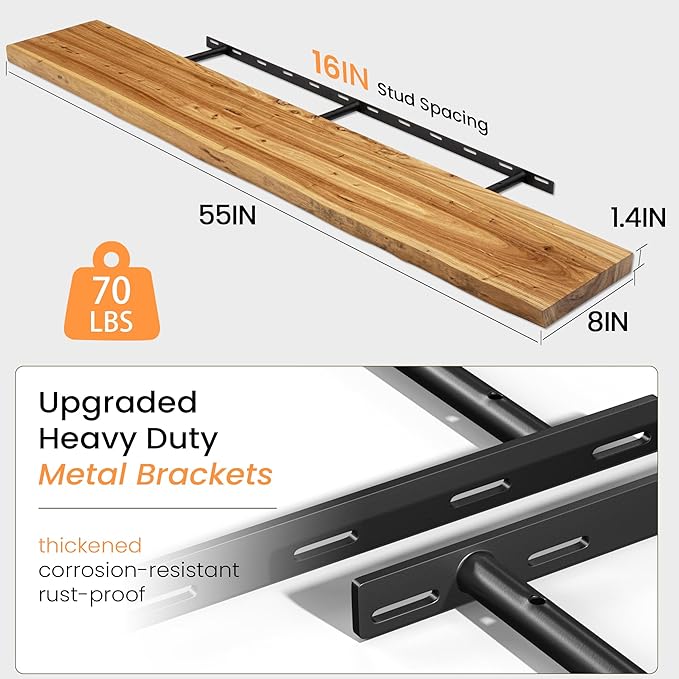 55 Inch Floating Shelves, Rustic Elm Wood Shelves for Wall, Heavy-Duty Long Floating Shelf with Invisible Bracket, Wall Mounted Storage Shelves for Books, Kitchen, Natural Finish