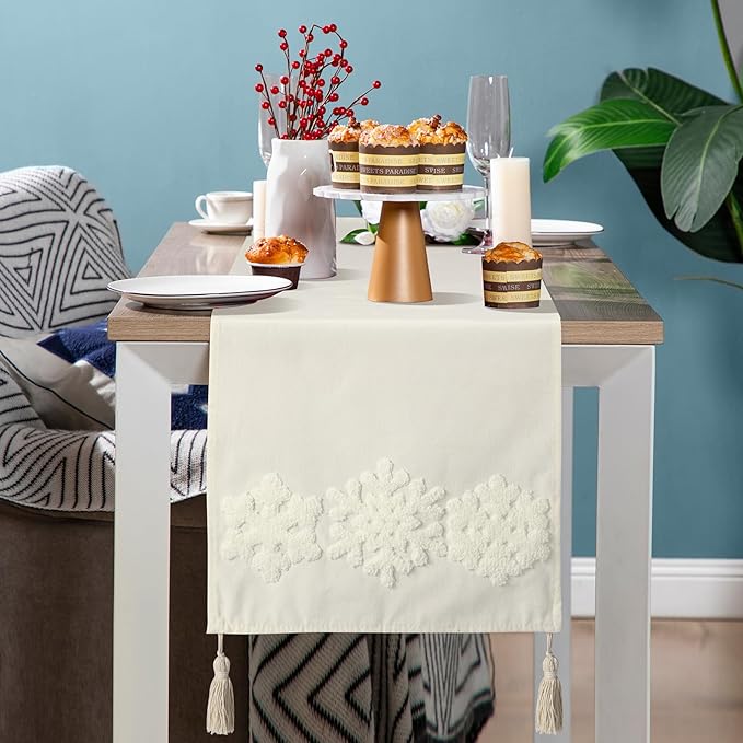 Breling Christmas Snowflakes Table Runner Jacquard Christmas Snowflakes Dinner Table Runner Winter Xmas Holiday Kitchen Dining Decoration for Winter Holiday Kitchen Party Home Decor 13x72 Inch (Beige)