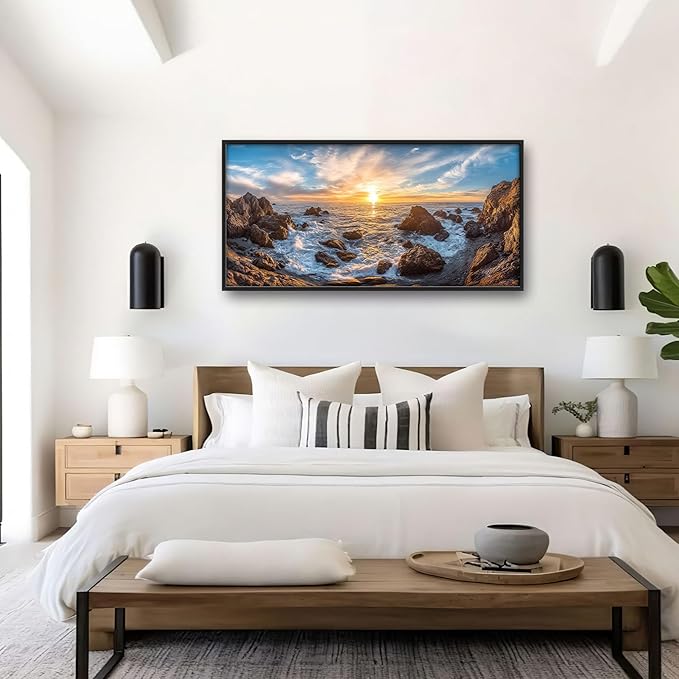 Coastal Large Wall Art for Living Room, Ocean Sunrise Oversized Wall Decor Pictures, Coast Seascape Framed Canvas Print Painting, Modern Artwork for Bedroom Office Home Decor 60"x30"
