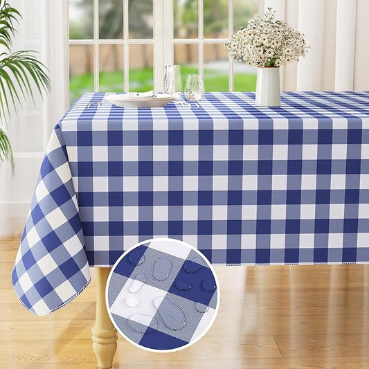 misaya Rectangle Waterproof Vinyl Table Cloth, Buffalo Flannel Backed Tablecloth, Wipeable Plastic Table Cover for Dinner, Kitchen, Outdoor (60" x 84", White and Navy)