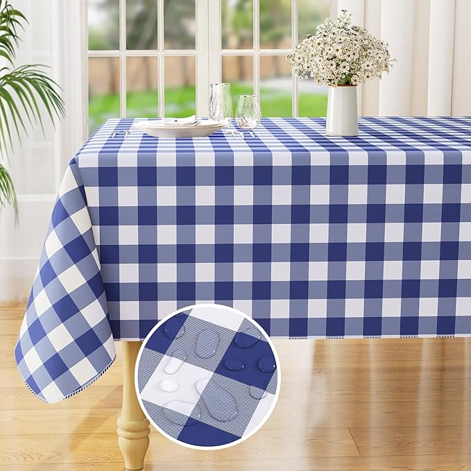 misaya Rectangle Waterproof Vinyl Table Cloth, Buffalo Flannel Backed Tablecloth, Wipeable Plastic Table Cover for Dinner, Kitchen, Outdoor (60" x 102", White and Navy)