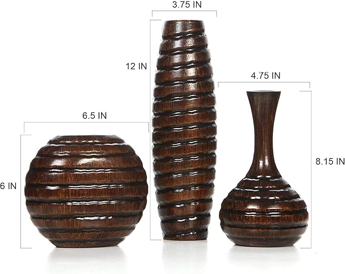 Hosley's Set of 3 Carved Wood Vases Small 6" Medium 8" and Tall 12" High. Ideal Gift for Floral Arrangements Wedding and Use for Home Office Decor Fireplace Floor Vases Spa Aromatherapy Settings
