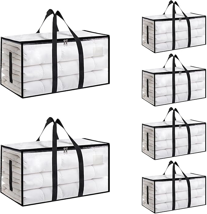6 Pack-Extra Large Heavy Duty Moving Bags - Waterproof Storage Totes with Handles & Zippers, Foldable for College Dorm, Storage (Clear)