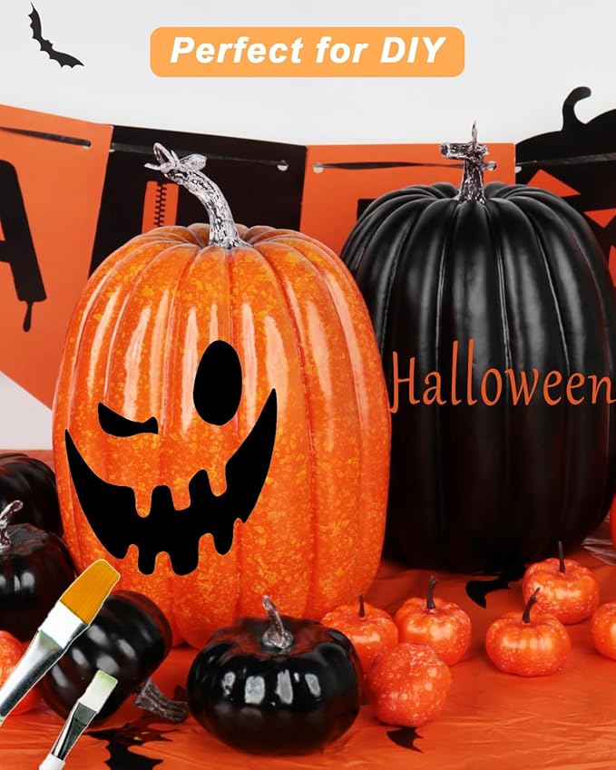 vensovo 2PCS 8 Inch Plastic Pumpkins for Decorating - Black & Orange Large Artificial Foam Pumpkins for Fall Decor, Halloween, Thanksgiving, Paintable for DIY Crafts & Centerpieces